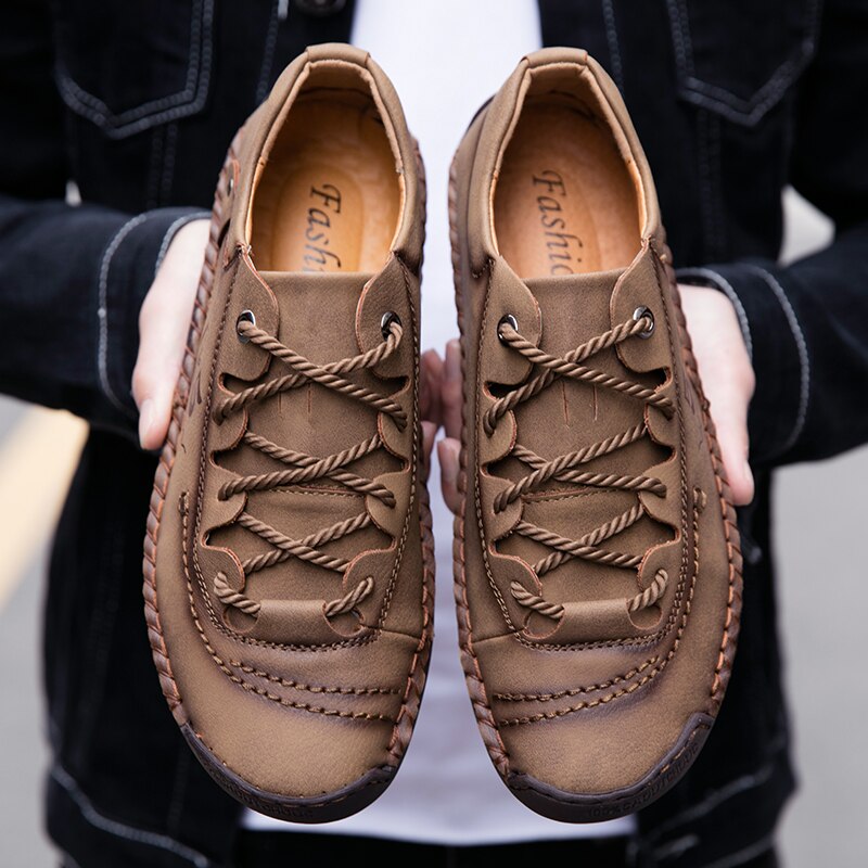 9931 Men Casual Shoes Loafers Comfortable Men's Shoes Quality Split Leather Flat Moccasins Hand Stitching