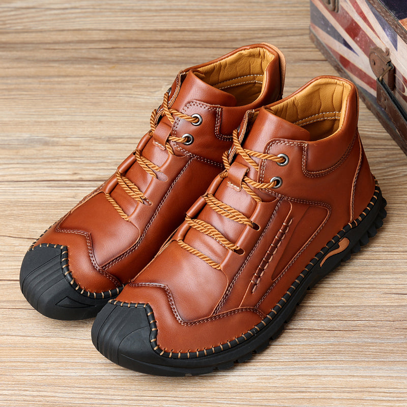 Brand New Fashion Male Leisure Outdoor Walking Sneakers Genuine Leather Ankle Boots Motorcycle Casual Non-slip Hiking Hand Stitching Bradley 7070