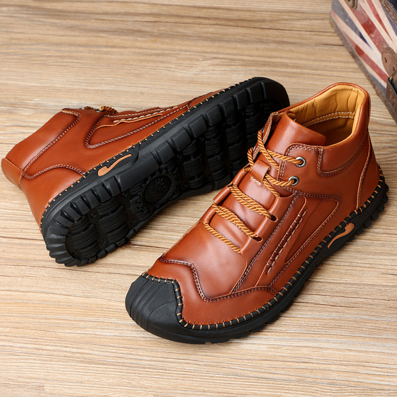 Brand New Fashion Male Leisure Outdoor Walking Sneakers Genuine Leather Ankle Boots Motorcycle Casual Non-slip Hiking Hand Stitching Bradley 7070