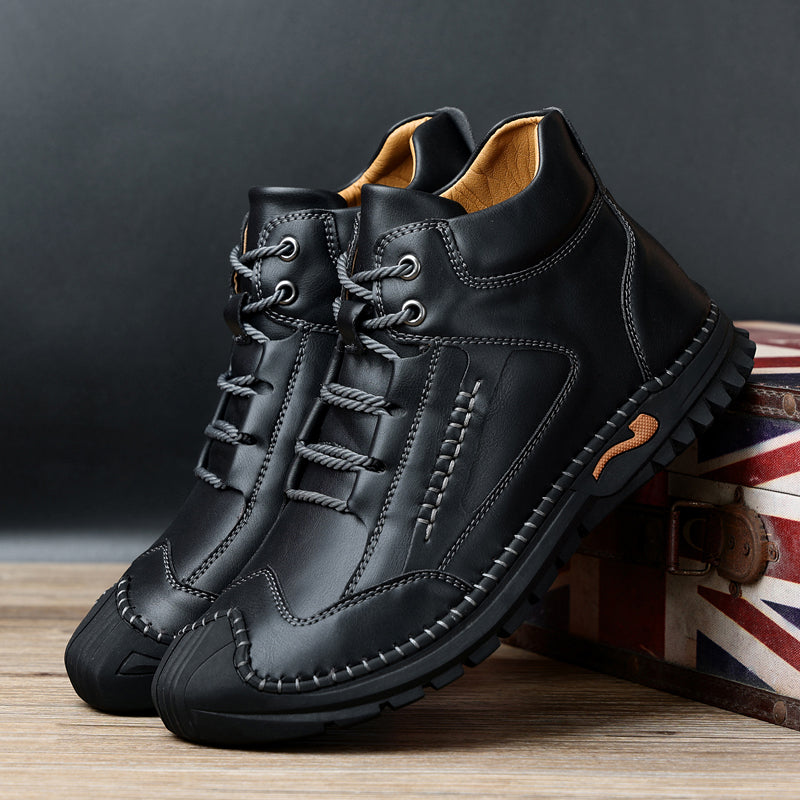 Brand New Fashion Male Leisure Outdoor Walking Sneakers Genuine Leather Ankle Boots Motorcycle Casual Non-slip Hiking Hand Stitching Bradley 7070