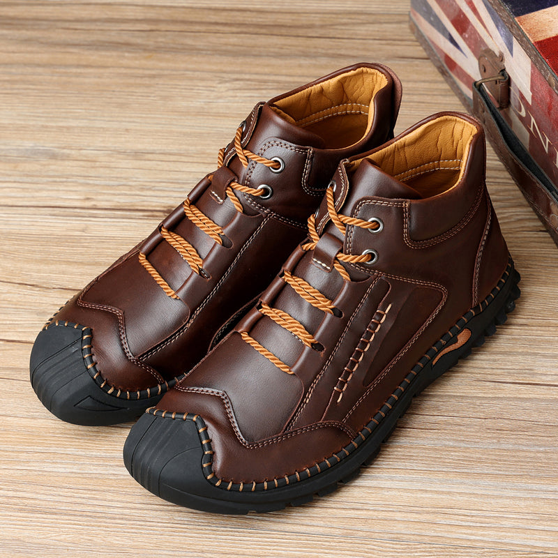 Brand New Fashion Male Leisure Outdoor Walking Sneakers Genuine Leather Ankle Boots Motorcycle Casual Non-slip Hiking Hand Stitching Bradley 7070