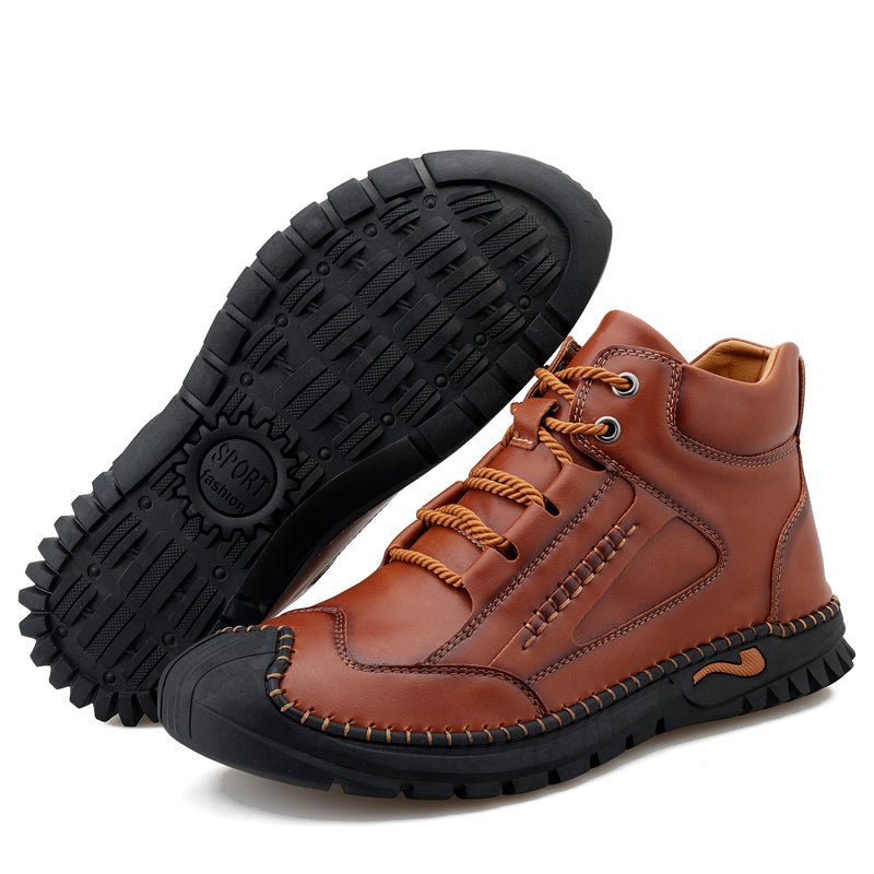 Brand New Fashion Male Leisure Outdoor Walking Sneakers Genuine Leather Ankle Boots Motorcycle Casual Non-slip Hiking Hand Stitching Bradley 7070