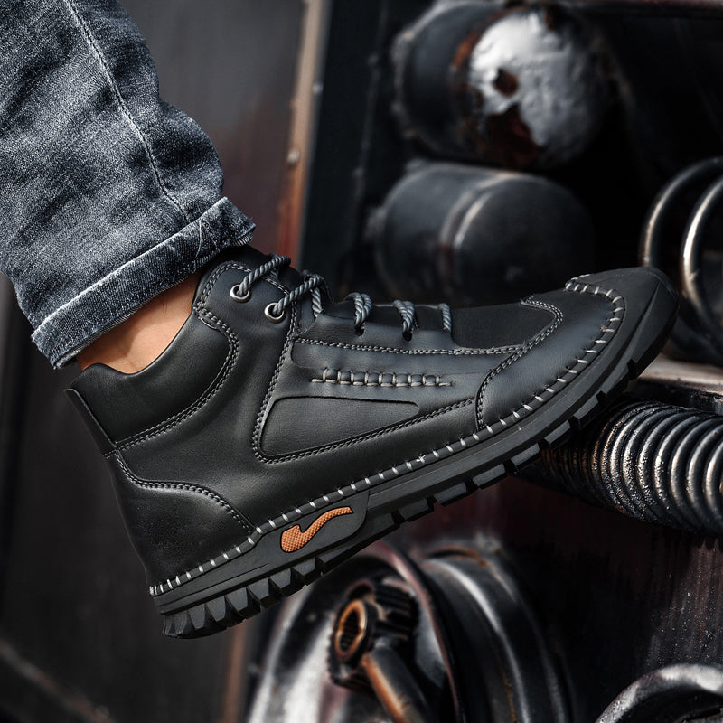 Brand New Fashion Male Leisure Outdoor Walking Sneakers Genuine Leather Ankle Boots Motorcycle Casual Non-slip Hiking Hand Stitching Bradley 7070