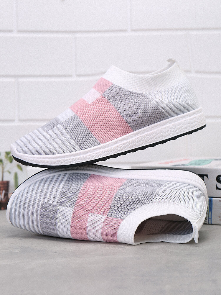 Plus Size Women Casual Splicing Breathable Knit Elastic Flat Sneakers summer G832