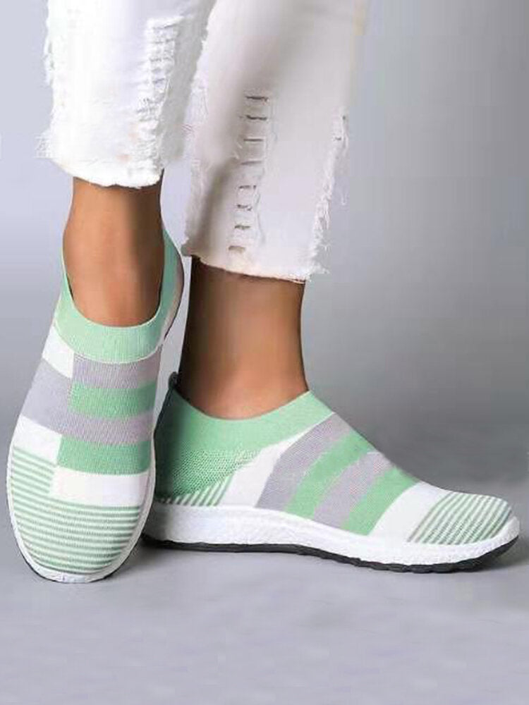 Plus Size Women Casual Splicing Breathable Knit Elastic Flat Sneakers summer G832